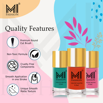 MI Fashion Matte Finish Get a Smooth, Velvety Look with Our Matte Nail Polish (Gondola, Falu Red, Fuzzy Wuzzy Brown, Spicy Mix)