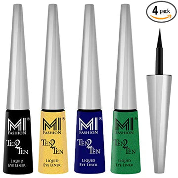 MI Fashion Colored Liquid Eyeliners Combo of 4 Pcs Water Resistant Cruelty Free High Shine Long Stay - Black, Shimmer Golden, Navy Blue, Shimmer Green