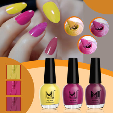 MI Fashion Achieve a Glossy Look with Our Range of Nail Polish Sets  Pack of 3 (15ML each) (Yellow, Bright Plum,  Dark Purple)