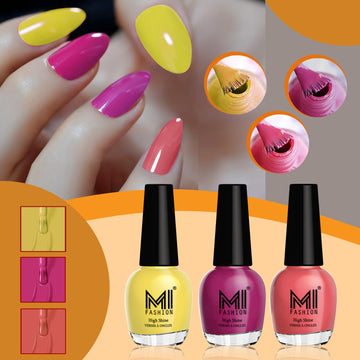 MI Fashion Nail Polish With Radiant Shine And High Definition Which Remains Long-Lasting  Pack of 3 (15ML each) (Yellow, Bright Plum,  Peach Crush)