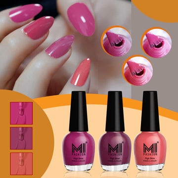 MI Fashion Nail Paint For Perfect Trendy Colors Never-Ending HD Look for Superb Shine  Pack of 3 (15ML each) (Bright Plum,  Dark Purple,  Peach Crush)