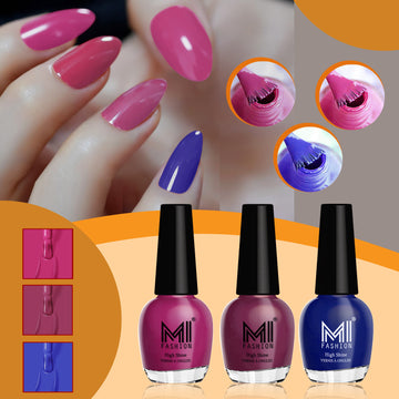 MI Fashion Nail Paint Set High Shine and Long Lasting Glossy Nails  Pack of 3 (15ML each) (Bright Plum, Dark Purple,  Indigo Blue)