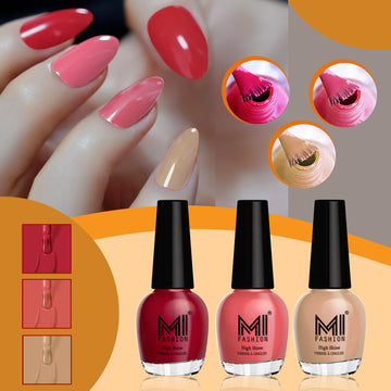 MI Fashion Nail Paint Set for a Glossy Finish That Lasts All Day Long  Pack of 3 (15ML each) (Reddish Maroon, Peach Crush,  Sweet Nude)