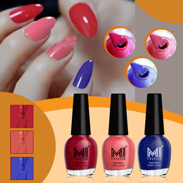 MI Fashion Achieve a Glossy Look with Our Range of Nail Polish Sets  Pack of 3 (15ML each) (Reddish Maroon, Peach Crush,  Indigo Blue)