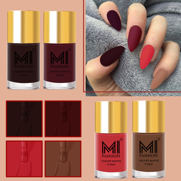MI Fashion Get the Look Create a Chic and Sophisticated Style with Our Matte Nail Polish (Seal Brown, Cocoa Bean, Fire Engine Red, Pickled Bean)