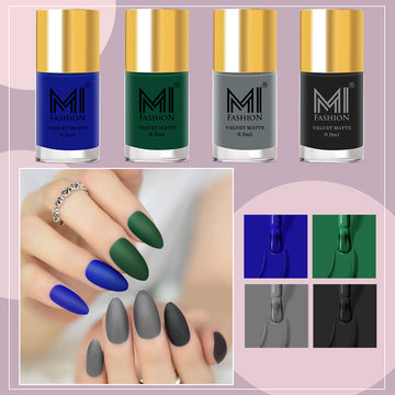 MI Fashion The Matte Effect Turn Heads with Our Long-Lasting Matte Nail Polish (Black, Denim Dark Blue, Dove Grey, Evergreen)