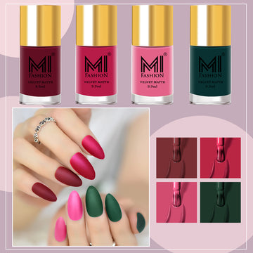 MI Fashion Matte Magic Experience the Magic of Our Long-Lasting Matte Nail Polish (Bright Maroon, Timber Green, Bordeaux, Dark Pink)