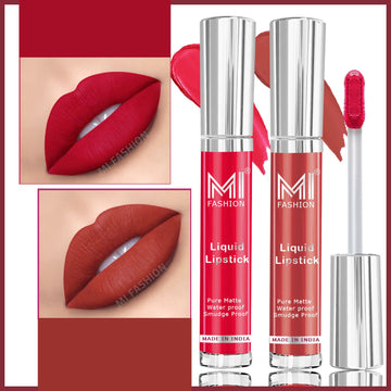 MI Fashion Lip Love Experience the Love Affair of a Lifetime with Our Luxurious Liquid Matte Lipstick Pack of 2 (3.5ML each) (Brick Red,Spring Pink)