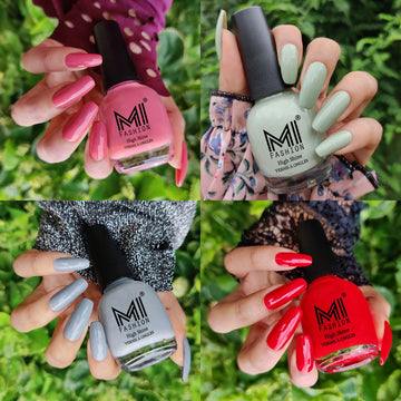 MI Fashion 4pc Nail Polish Combo: A Must-Have for Fashionistas (Candy Cotton-Mischievous Mint-Grey-Red)
