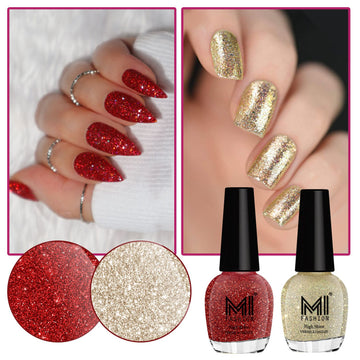 MI Fashion Get Glamorous Nails With Shimmer Nail Paint Set Light Golden,Golden,Hot Lava Pack of 2 (15ML each) (Silver Gold,Red)
