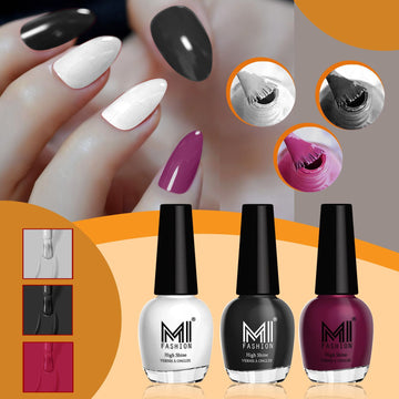 MI Fashion Nail Polish Kit Glossy Shades for a Glam Look Pack of 3 (15ML each) (Milky White,Jet Black,Wine)