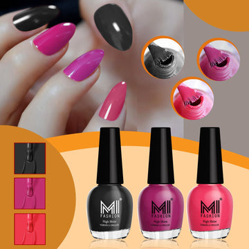 MI Fashion 100% Pure Shiny Nail Polish Set,Long Lasting & Non Toxic Professional Nail Paint Pack of 3 (15ML each) (Jet Black,Bright Plum,Light Pink)