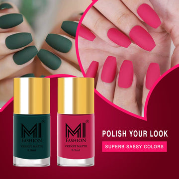 MI Fashion Unleash Your Diva Our Matte Nail Polish Comes in a Wide Range of Bold Shades Pack of 2 (9.9ML each) (Pink,Dark Green)