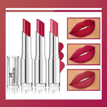 MI Fashion Shine Bright with Creamy Matte Lipstick for a Subtle Glam Look on Lips Pack of 3pcs (3.5gm ) (Red Wine,Pinkish Red,Wine Pink)