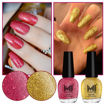 MI Fashion Shine Like A Diamond Shimmer Nail Polish Set Metallic Pink,Pearly White Chrome,Metallic Olive Green Pack of 2 (15ML each) (Goldon Gold,Pink)