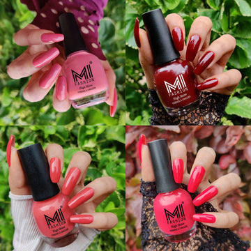 MI Fashion Unleash Your Inner Glam with Shine Nail Polish 4pc Combo (Candy Cotton-Wine Maroon-Peach Crush-Light Pink)