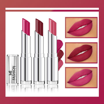 MI Fashion Glam Up Your Lips with Our Creamy Matte Lipstick for a Bold Statement Pack of 3pcs (3.5gm ) (Pink,Cherrywood,Deep Rose)