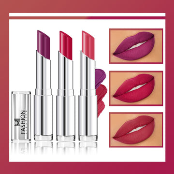 MI Fashion Be Bold and Beautiful with Our Creamy Matte Lipstick for a Stunning Effect (Pack of 3pcs 3.5gm) (Palatinate Purple Pinkish Red Wine Pink)
