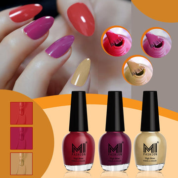 MI Fashion Nail Polish Kit for High-Shine and Long-Lasting Glossy Nails Pack of 3 (15ML each) (Red,Wine,Nude)