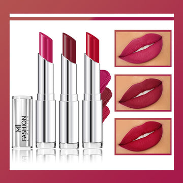 MI Fashion Dare to Shine with Our Creamy Matte Lipstick for a Perfectly Polished Look Pack of 3pcs (3.5gm ) (Pink,Cherrywood,Red Wine)
