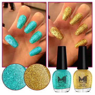 MI Fashion Shimmer Nail Polish Set Show Off Your Style With Metallic Coffee,Brown Coffee,Metallic Olive Green Pack of 2 (15ML each) (Goldon Gold,Sky Blue)