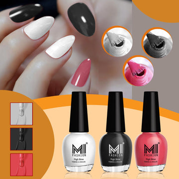MI Fashion Achieve a Glossy Look with Our Range of Nail Polish Sets Pack of 3 (15ML each)(Milky White,Jet Black,Coral Compass)