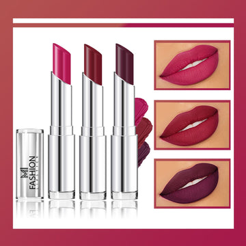 MI Fashion Shine Bright with Creamy Matte Lipstick for a Subtle Glam Look on Lips Pack of 3pcs (3.5gm ) (Pink,Cherrywood,Wine Berry)