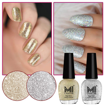 MI Fashion Be A Glitter Goddess With Shimmer Nail Paint Combo Brown Coffee,Metallic Red,Gold,Metallic Pink Pack of 2 (15ML each) (Silver,Silver Gold)