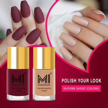 MI Fashion Matte Finish Get a Smooth, Velvety Look with Our Matte Nail Polish Pack of 2 (9.9ML each) (Mauve,Nude)