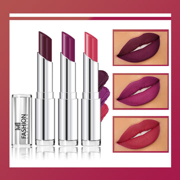 MI Fashion Add a Touch of Glam to Your Lips with Our Creamy Matte Lipstick Shades (Pack of 3pcs 3.5gm) (Wine Berry Palatinate Purple Deep Rose)