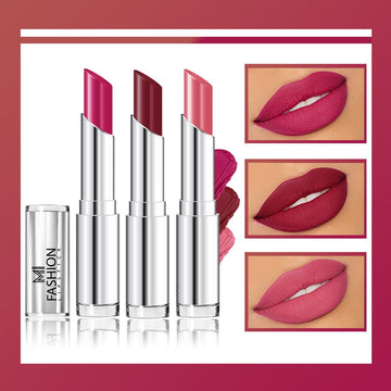 MI Fashion Get Ready to Sparkle with Our Creamy Matte Lipstick for a Show-Stopping Look Pack of 3pcs (3.5gm ) (Pink,Cherrywood,Peach)