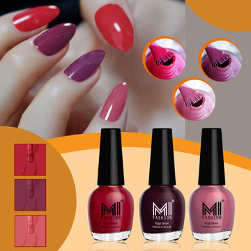 MI Fashion Achieve a Glossy Look with Our Range of Nail Polish Sets Pack of 3 (15ML each)(Reddish Maroon,Wine Maroon,Mauve Brown)