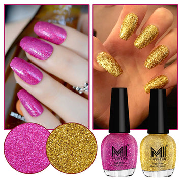 MI Fashion Let Your Nails Dazzle With Shimmer Nail Polish Combo Red Gold,Hot Lava,Metallic Olive Green Pack of 2 (15ML each) (Silver Gold,Magenta)