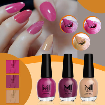 MI Fashion Nail Polish Kit Glossy Shades for a Glam Look  Pack of 3 (15ML each) (Bright Plum, Dark Purple,  Sweet Nude)