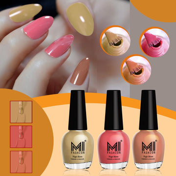 MI Fashion Nail Polish With Radiant Shine And High Defination Which Remains Long-Lasting Pack of 3 (15ML each) (Nude,Peach Crush,Nude)