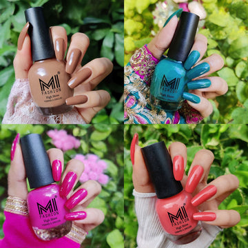 MI Fashion Make a Statement with Shine Nail Polish 4pc Combo (Dark Nude-Sea Green-Bright Plum-Peach Crush)