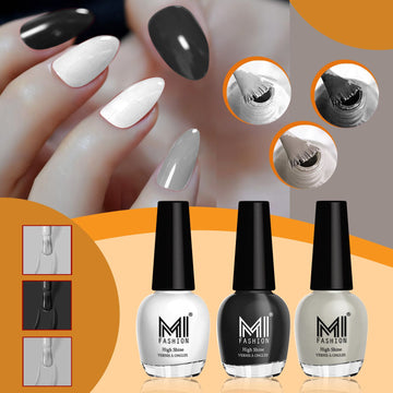 MI Fashion Nail Paint Set High Shine and Long Lasting Glossy Nails Pack of 3 (15ML each)(Milky White,Jet Black,Light Nude)