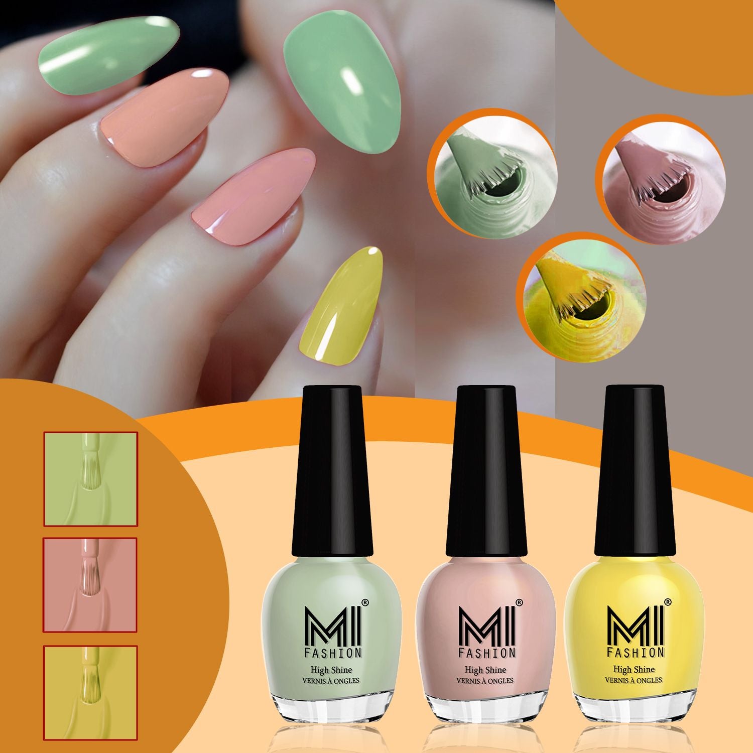 MI Fashion Nail Paint For Perfect Trendy Colors, Never-Ending HD Look for Superb Shine Pack of 3 (15ML each)(Mischievous Mint,Nude,Yellow)