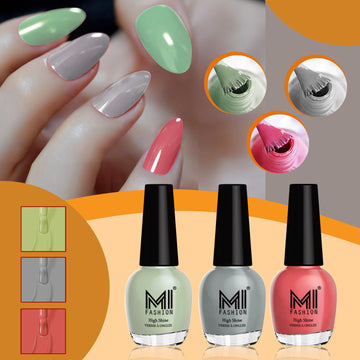 MI Fashion Nail Paint For Perfect Trendy Colors, Never-Ending HD Look for Superb Shine Pack of 3 (15ML each)(Mischievous Mint,Grey,Peach Crush)