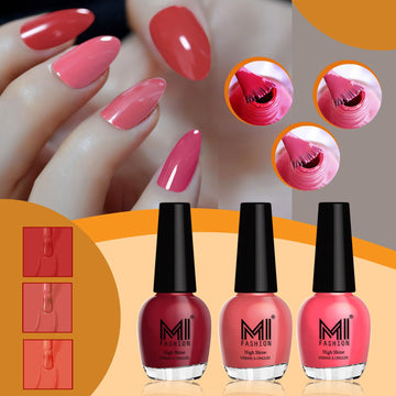 MI Fashion Nail Paint Set High Shine and Long Lasting Glossy Nails Pack of 3 (15ML each)(Red,Peach Crush,Pink Mania)