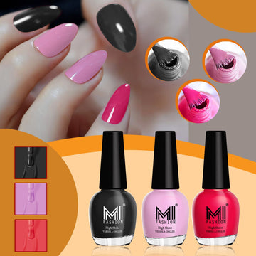 MI Fashion Nail Polish With Radiant Shine And High Defination Which Remains Long-Lasting Pack of 3 (15ML each)(Jet Black,Nude Pink,Carrot Red)