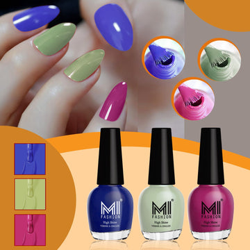 MI Fashion Nail Polish Kit for a Shiny and Stylish Manicure For Every Women Pack of 3 (15ML each) (Blue,Light Green,Bright Plum)