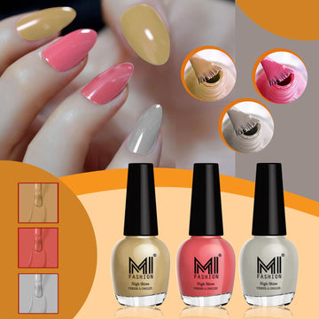 MI Fashion Nail Paint for Premium HD Shine And Super Shiny, Never-Ending Trendy Colors Pack of 3 (15ML each)(Nude,Peach Crush,Light Nude)