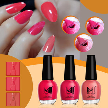 MI Fashion Highly Shiny Nail Polish for HD Shine Texture & Never Ending Nail Polish Combo Pack of 3 (15ML each)(Neon Pink,Carrot Red,Peach Crush)