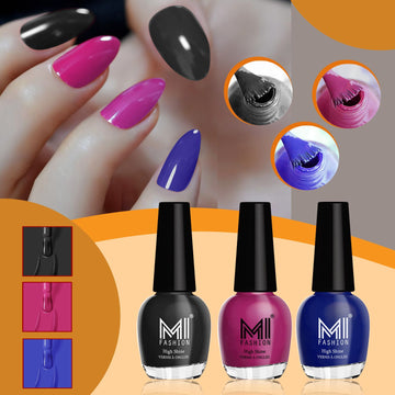 MI Fashion Nail Polish Kit Glossy Shades for a Glam Look Pack of 3 (15ML each)(Jet Black,Bright Plum,Royal Blue)