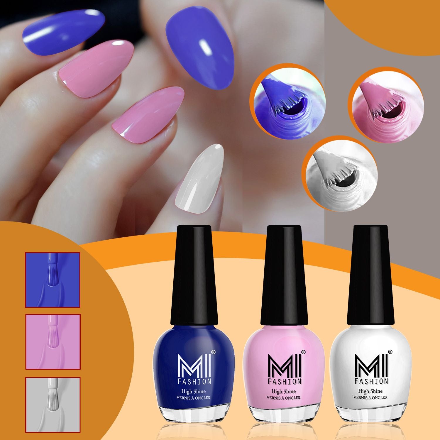 MI Fashion Nail Polish Kit Glossy Shades for a Glam Look Pack of 3 (15ML each)(Royal Blue,Nude Pink,Milky White)