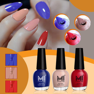 MI Fashion Get the Perfect Glossy Manicure with Our Nail Polish Set Pack of 3 (15ML each)(Royal Blue,Nude,Red)