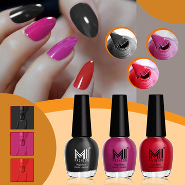 MI Fashion Nail Polish Kit A Range of Glossy Tones for Every Mood Pack of 3 (15ML each)(Jet Black,Bright Plum,Red)