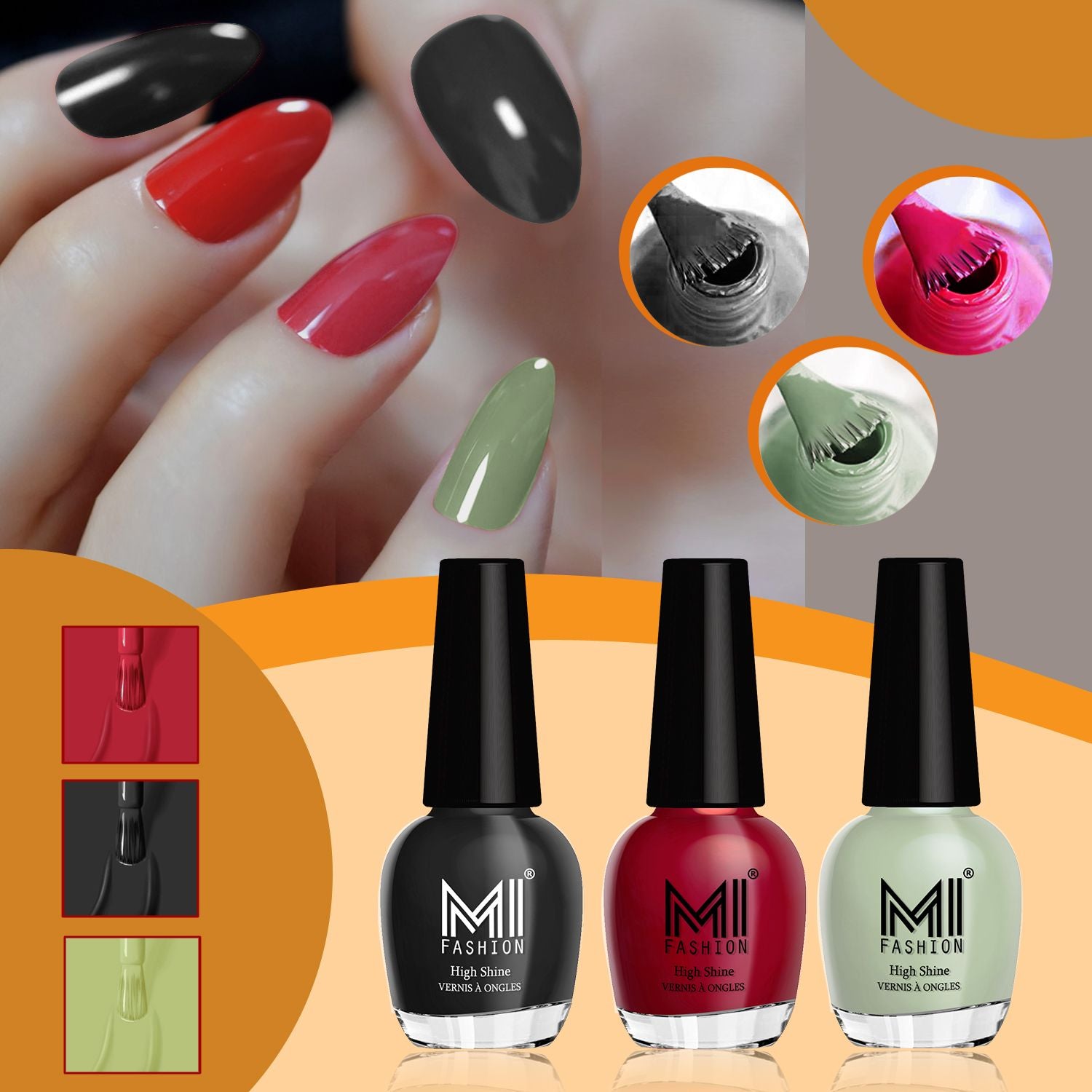 MI Fashion Nail Polish Kit A Range of Glossy Tones for Every Mood Pack of 3 (15ML each)(Reddish Maroon,Jet Black,Mischievous Mint)