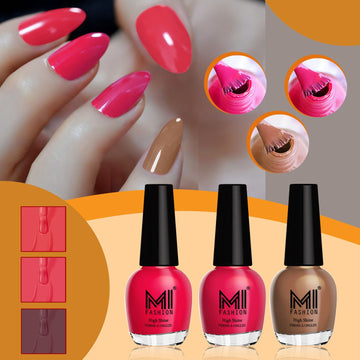MI Fashion Nail Polish Kit for a Shiny and Stylish Manicure For Every Women Pack of 3 (15ML each)(Carrot Red,Neon Pink,Dark Nude)